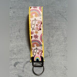 New handcrafted by me 70s VW van, groovy rainbow pastel theme wristlet keychain